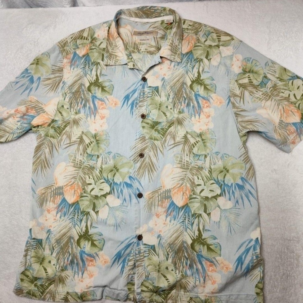 Tommy Bahama Shirt Mens XL Blue Floral Silk Button-Up Short Sleeve Tropical